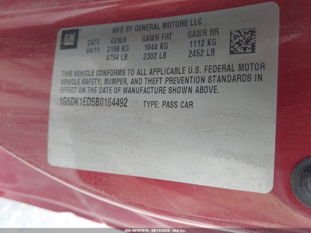 46107979 :رقم المزاد ، 1G6DK1ED5B0164492 vin ، 2011 Cadillac Cts Performance مزاد بيع