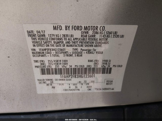 Aukcja sprzedaży 2017 Ford Taurus Limited, vin: 1FAHP2F83HG123601, numer aukcji: 46108004