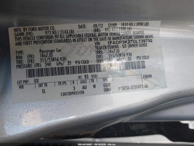 Aukcja sprzedaży 2013 Ford Focus Se, vin: 1FADP3K27DL139792, numer aukcji: 46108007