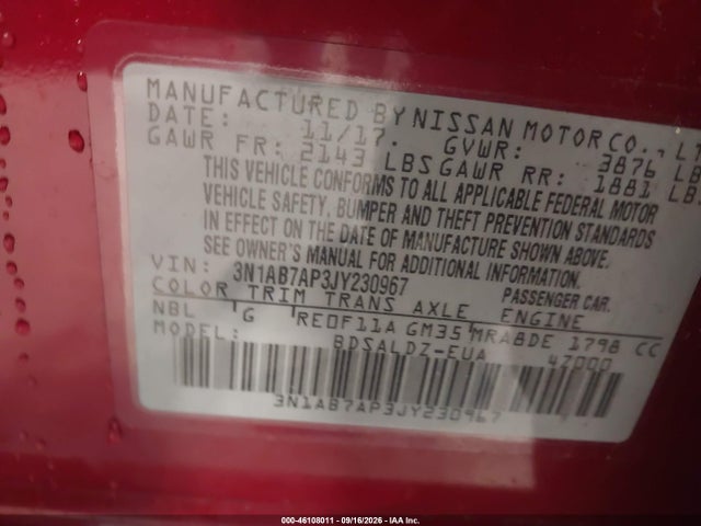 2018 Nissan Sentra Sv მანქანა იყიდება აუქციონზე, vin: 3N1AB7AP3JY230967, აუქციონის ნომერი: 46108011