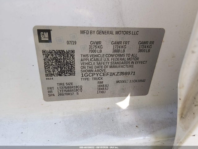 46108032 :رقم المزاد ، 1GCPYCEF1KZ398971 vin ، 2019 Chevrolet Silverado 1500 Custom Trail Boss مزاد بيع