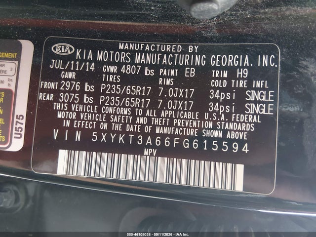 46108038 :رقم المزاد ، 5XYKT3A66FG615594 vin ، 2015 Kia Sorento Lx مزاد بيع