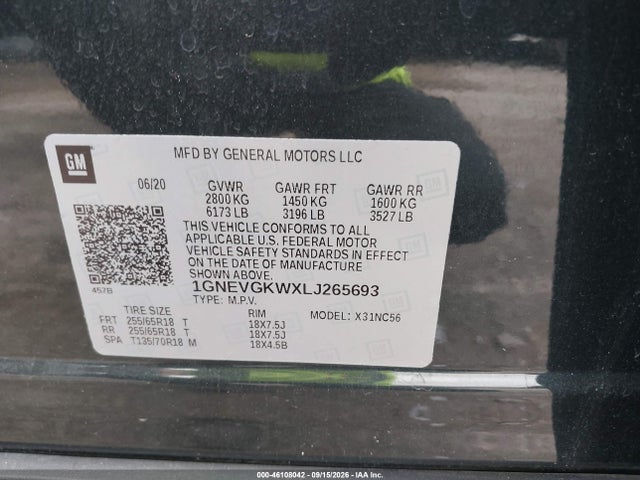 2020 Chevrolet Traverse Awd Lt Cloth მანქანა იყიდება აუქციონზე, vin: 1GNEVGKWXLJ265693, აუქციონის ნომერი: 46108042