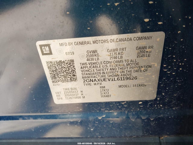 46108046 :رقم المزاد ، 2GNAXUEV1L6119626 vin ، 2020 Chevrolet Equinox Awd Lt 1.5l Turbo مزاد بيع