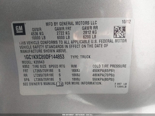 Aukcja sprzedaży 2013 Chevrolet Silverado 2500hd Lt, vin: 1GC1KXC89DF144853, numer aukcji: 46108047