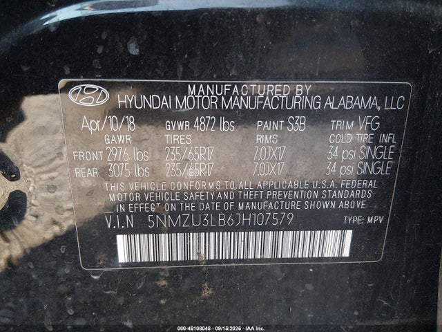 2018 Hyundai Santa Fe Sport 2.4l მანქანა იყიდება აუქციონზე, vin: 5NMZU3LB6JH107579, აუქციონის ნომერი: 46108048