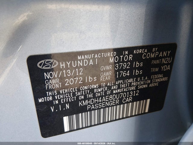 Aukcja sprzedaży 2013 Hyundai Elantra Limited, vin: KMHDH4AE8DU701312, numer aukcji: 46108049