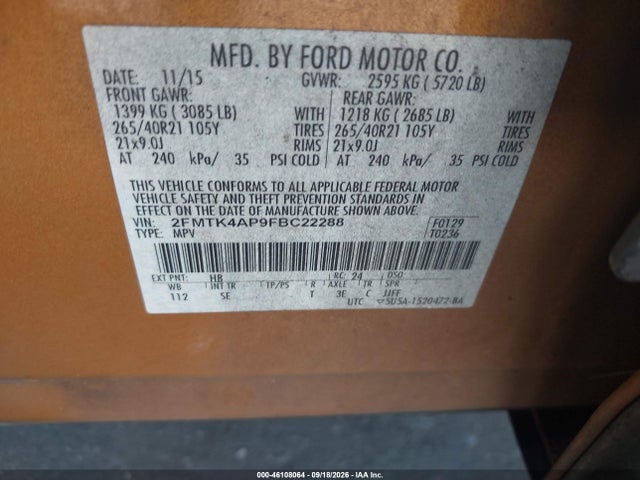Продажа на аукционе авто 2015 Ford Edge Sport, vin: 2FMTK4AP9FBC22288, номер лота: 46108064