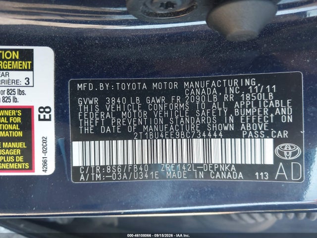 Продаж на аукціоні авто 2011 Toyota Corolla Le, vin: 2T1BU4EE9BC734444, номер лоту: 46108066