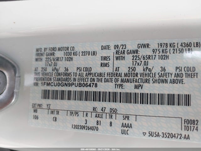 46108068 :رقم المزاد ، 1FMCU0GN9PUB06478 vin ، 2023 Ford Escape Active مزاد بيع