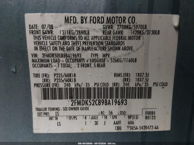 Продажа на аукционе авто 2009 Ford Flex Sel, vin: 2FMDK52C89BA19693, номер лота: 46108080