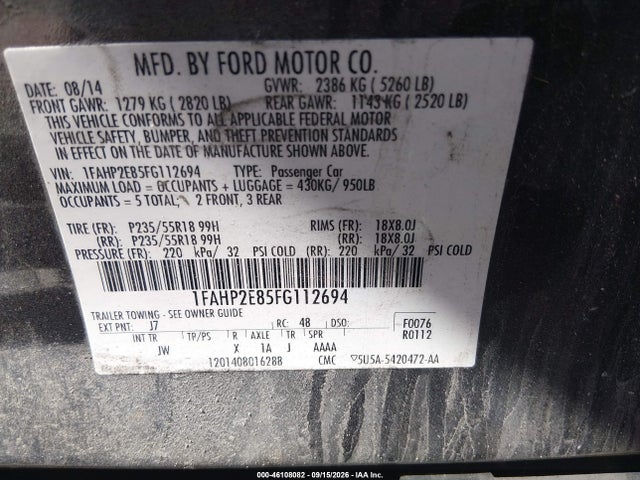46108082 :رقم المزاد ، 1FAHP2E85FG112694 vin ، 2015 Ford Taurus Sel مزاد بيع