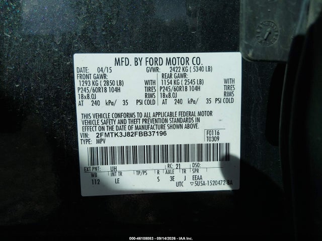 46108083 :رقم المزاد ، 2FMTK3J82FBB37196 vin ، 2015 Ford Edge Sel مزاد بيع
