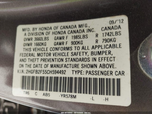46108092 :رقم المزاد ، 2HGFB2F55CH594492 vin ، 2012 Honda Civic Lx مزاد بيع
