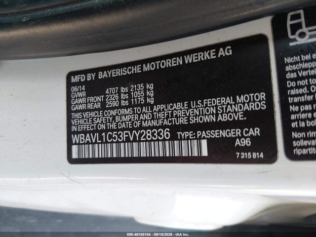 2015 Bmw X1 Xdrive28i მანქანა იყიდება აუქციონზე, vin: WBAVL1C53FVY28336, აუქციონის ნომერი: 46108104