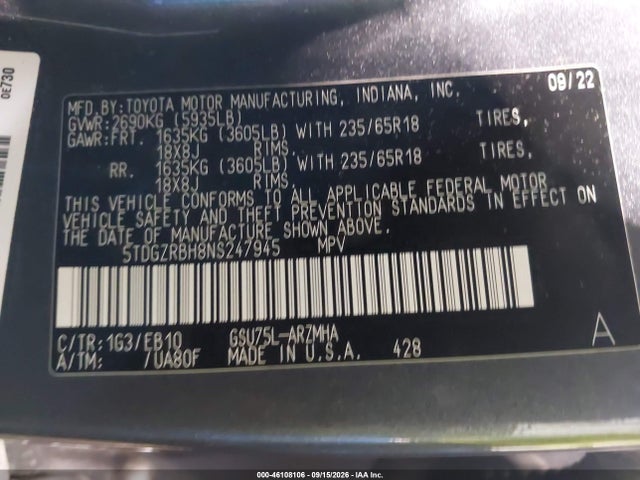 46108106 :رقم المزاد ، 5TDGZRBH8NS247945 vin ، 2022 Toyota Highlander Xle مزاد بيع