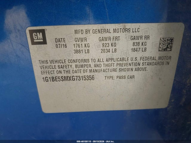 Aukcja sprzedaży 2016 Chevrolet Cruze Lt Auto, vin: 1G1BE5SMXG7315356, numer aukcji: 46108110