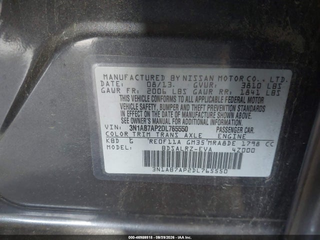2013 Nissan Sentra Sr მანქანა იყიდება აუქციონზე, vin: 3N1AB7AP2DL765550, აუქციონის ნომერი: 46108118