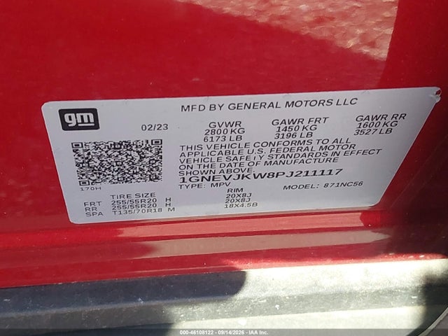 46108122 :رقم المزاد ، 1GNEVJKW8PJ211117 vin ، 2023 Chevrolet Traverse Awd Rs مزاد بيع
