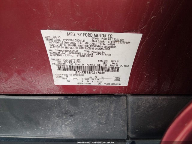 Продажа на аукционе авто 2015 Ford Taurus Limited, vin: 1FAHP2F88FG147048, номер лота: 46108137