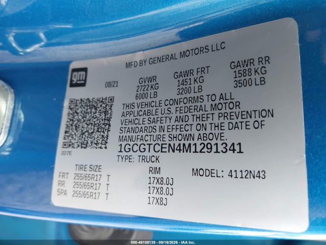 46108139 :رقم المزاد ، 1GCGTCEN4M1291341 vin ، 2021 Chevrolet Colorado 4wd  Short Box Lt مزاد بيع