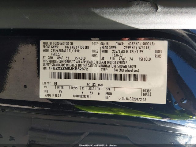 46108143 :رقم المزاد ، 1FBZX2ZM5JKB52872 vin ، 2018 Ford Transit-350 Xl مزاد بيع