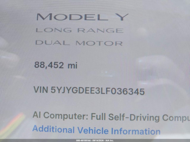 5YJYGDEE3LF036345 Tesla Model Y Long Range Dual Motor All-wheel Drive