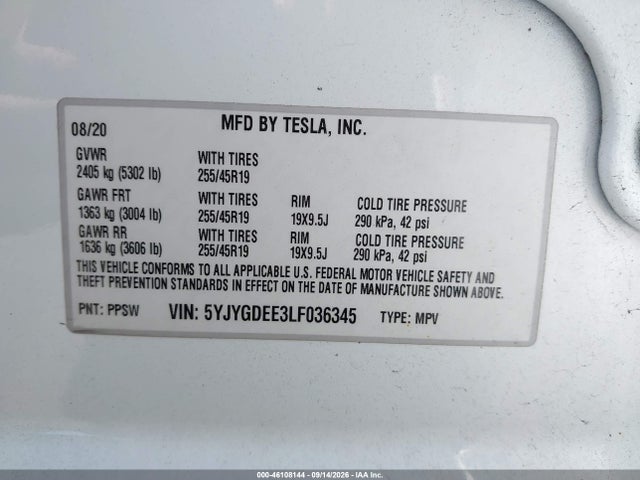 5YJYGDEE3LF036345 Tesla Model Y Long Range Dual Motor All-wheel Drive