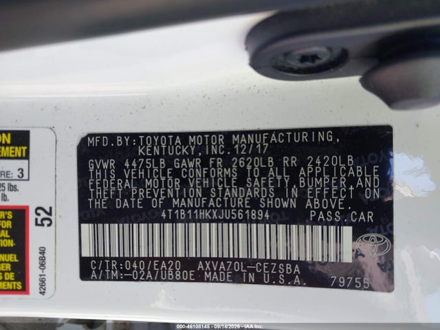 Продаж на аукціоні авто 2018 Toyota Camry Se, vin: 4T1B11HKXJU561894, номер лоту: 46108145