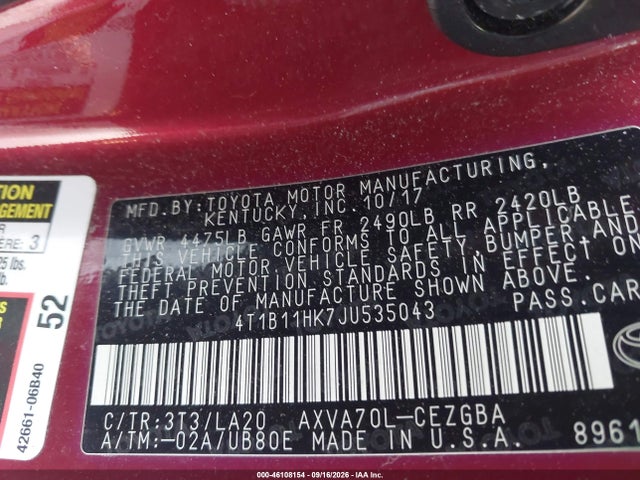 Продаж на аукціоні авто 2018 Toyota Camry Xle, vin: 4T1B11HK7JU535043, номер лоту: 46108154