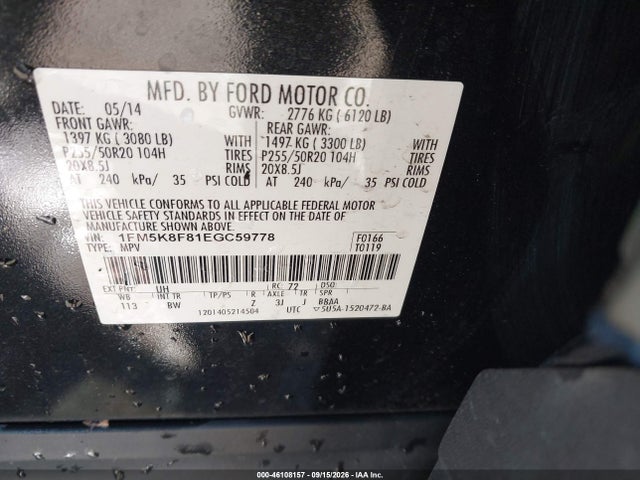 46108157 :رقم المزاد ، 1FM5K8F81EGC59778 vin ، 2014 Ford Explorer Limited مزاد بيع
