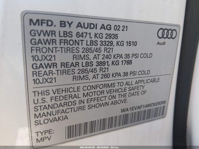 Продажа на аукционе авто 2021 Audi Q8 Premium Plus 55 Tfsi Quattro Tiptronic, vin: WA1EVAF14MD028308, номер лота: 46108165