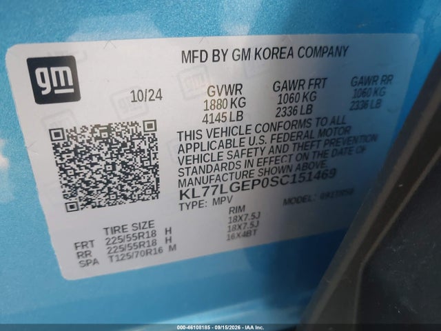 46108185 :رقم المزاد ، KL77LGEP0SC151469 vin ، 2025 Chevrolet Trax Fwd 1rs مزاد بيع