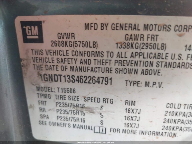 46108188 :رقم المزاد ، 1GNDT13S462264791 vin ، 2006 Chevrolet Trailblazer Ls مزاد بيع