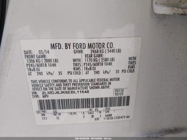 2LMDJ6JK6EBL11648 Lincoln MKX