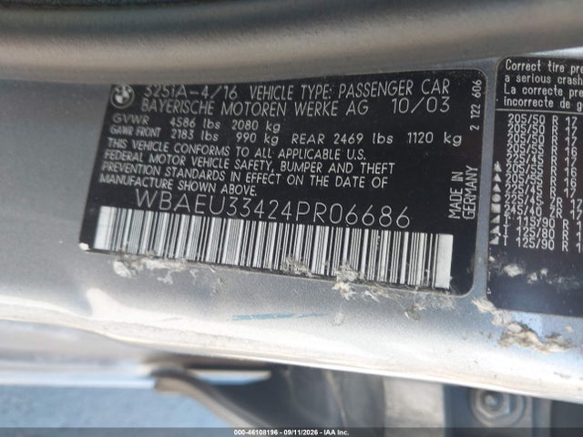 Продажа на аукционе авто 2004 Bmw 325xi, vin: WBAEU33424PR06686, номер лота: 46108196