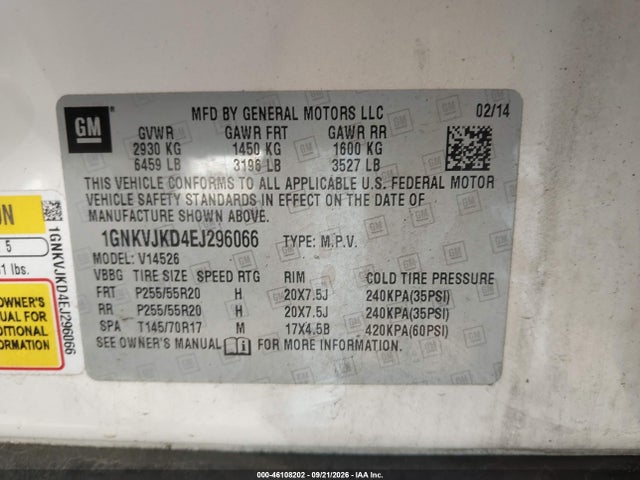 46108202 :رقم المزاد ، 1GNKVJKD4EJ296066 vin ، 2014 Chevrolet Traverse Ltz مزاد بيع