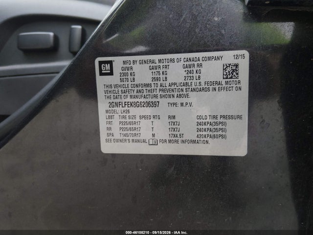 Aukcja sprzedaży 2016 Chevrolet Equinox Lt, vin: 2GNFLFEK8G6206397, numer aukcji: 46108210