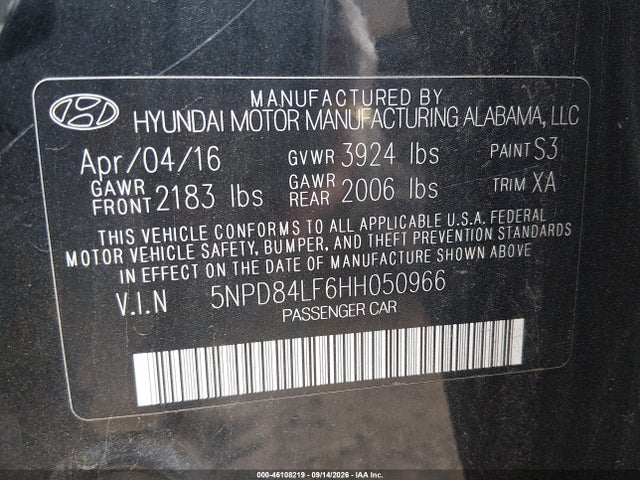 46108219 :رقم المزاد ، 5NPD84LF6HH050966 vin ، 2017 Hyundai Elantra Se مزاد بيع