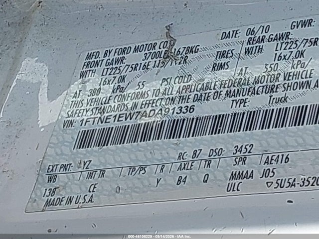 46108229 :رقم المزاد ، 1FTNE1EW7ADA91336 vin ، 2010 Ford E-150 Commercial/recreational مزاد بيع