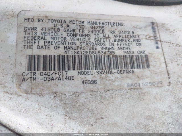 1995 Toyota Camry Le მანქანა იყიდება აუქციონზე, vin: 4T1SK12E0SU534785, აუქციონის ნომერი: 46108233