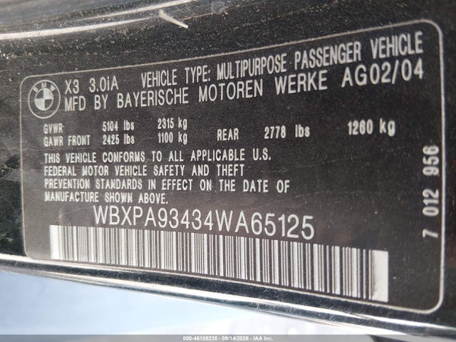 Aukcja sprzedaży 2004 Bmw X3 3.0i, vin: WBXPA93434WA65125, numer aukcji: 46108235