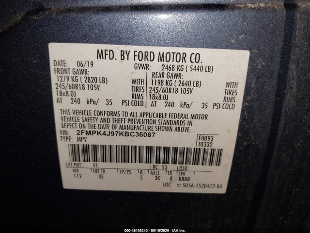46108240 :رقم المزاد ، 2FMPK4J97KBC36087 vin ، 2019 Ford Edge Sel مزاد بيع