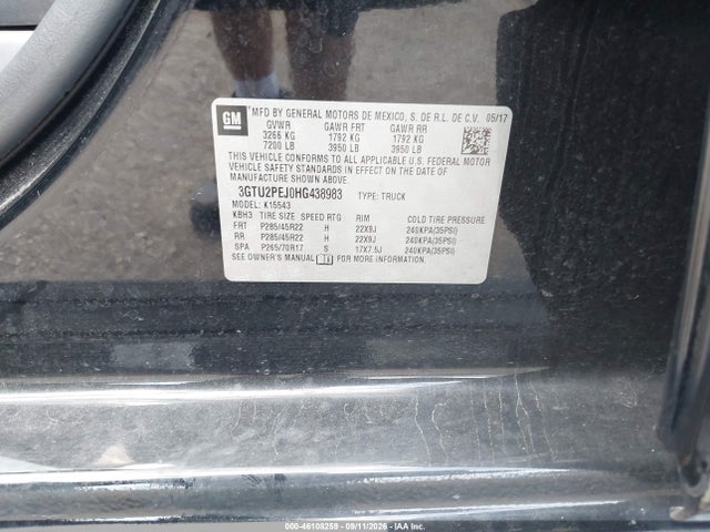 2017 Gmc Sierra 1500 Denali მანქანა იყიდება აუქციონზე, vin: 3GTU2PEJ0HG438983, აუქციონის ნომერი: 46108259