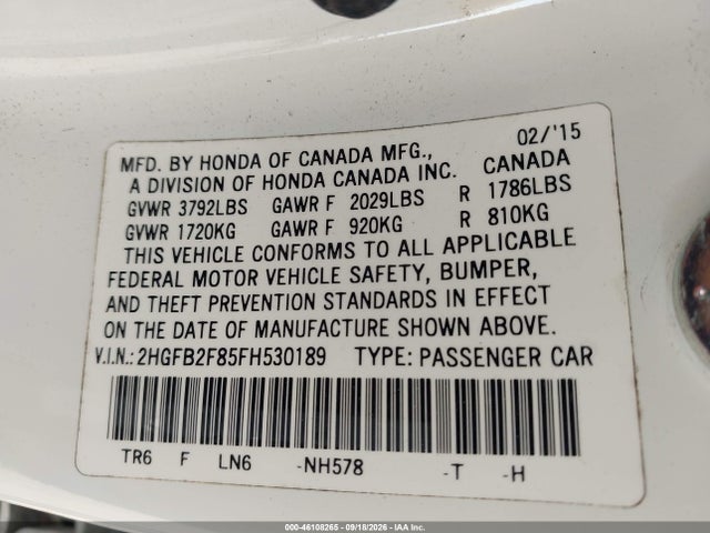 2015 Honda Civic Ex მანქანა იყიდება აუქციონზე, vin: 2HGFB2F85FH530189, აუქციონის ნომერი: 46108265