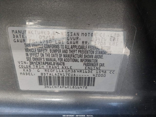 Aukcja sprzedaży 2019 Nissan Versa 1.6 S+, vin: 3N1CN7AP6KL816478, numer aukcji: 46108267