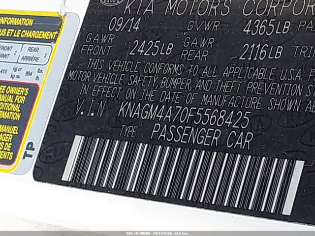 Aukcja sprzedaży 2015 Kia Optima Lx, vin: KNAGM4A70F5568425, numer aukcji: 46108268
