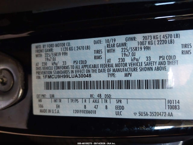 Aukcja sprzedaży 2020 Ford Escape Sel, vin: 1FMCU9H99LUA30048, numer aukcji: 46108275