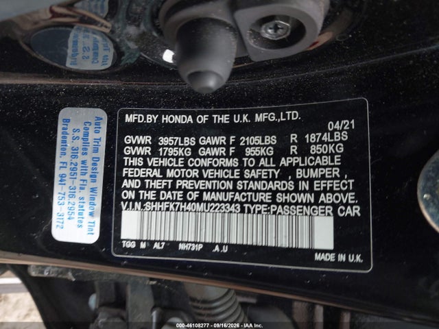 Продаж на аукціоні авто 2021 Honda Civic Sport, vin: SHHFK7H40MU223343, номер лоту: 46108277
