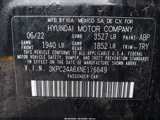 Продаж на аукціоні авто 2022 Hyundai Accent Sel, vin: 3KPC24A6XNE176649, номер лоту: 46108283